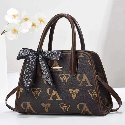 Women Monogram Print Handbag PU Leather Large Capacity Crossbody Shoulder Bag With Satin Scarf Decor Retro Elegant