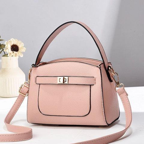 Women Chic Shoulder Bag Litchi Grain PU Leather Crossbody Handbag Gold Twist Lock Top Handle Retro Trendy Daily Commute