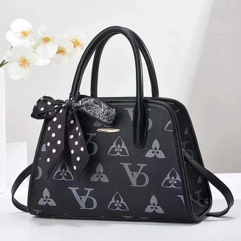 Women Monogram Print Handbag PU Leather Large Capacity Crossbody Shoulder Bag With Satin Scarf Decor Retro Elegant
