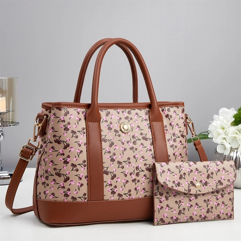 Women Handbags PU Leather Cherry Print Floral Buckle Tote And Pouch Elegant Stylish Fashion Accessory
