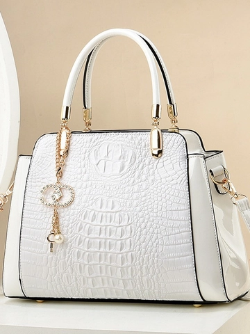 Elegant Women Top Handle Handbag Crocodile Pattern PU Leather Splicing Large Capacity Structured Crossbody Bag Luxury Style
