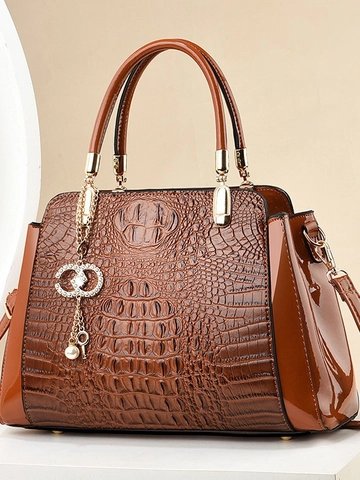 Elegant Women Top Handle Handbag Crocodile Pattern PU Leather Splicing Large Capacity Structured Crossbody Bag Luxury Style