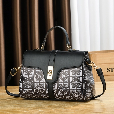 Women's Vintage PU Leather Handbag Monogram Print Satchel Bag Metal Rotary Lock Commuter Crossbody Bag Fashion Accessory