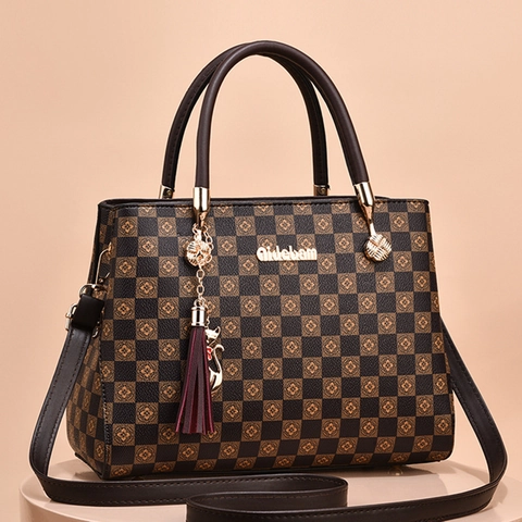 Bolso De Mano Para Mujer Cuero PU Patrón De Cuadros Retro Asa Superior Bolso De Hombro Con Borla Colgante De Gato