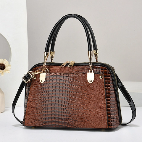 Women Crocodile Pattern PU Leather Handbag Gold Hardware Top Handle Shoulder Bag Detachable Strap Elegant Daily Style