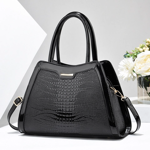 Women Glossy PU Leather Handbag Crocodile Pattern Large Capacity Shoulder Bag With Gold Hardware Top Handle