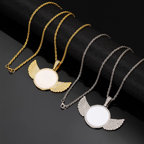 Hip Hop Wing And Cross Photo Medallion Necklace With Stainless Steel Chain Alloy Rhinestone Sublimation Blank Jewelry