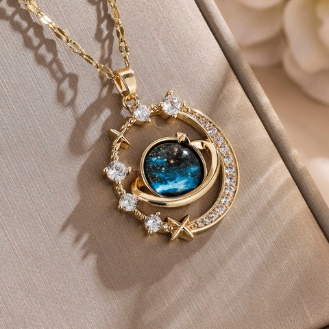 Sternenhimmel Galaxie Anhänger Halskette Kupfer Zirkonia Astronaut Planet Mond Stern Modeschmuck Für Damen
