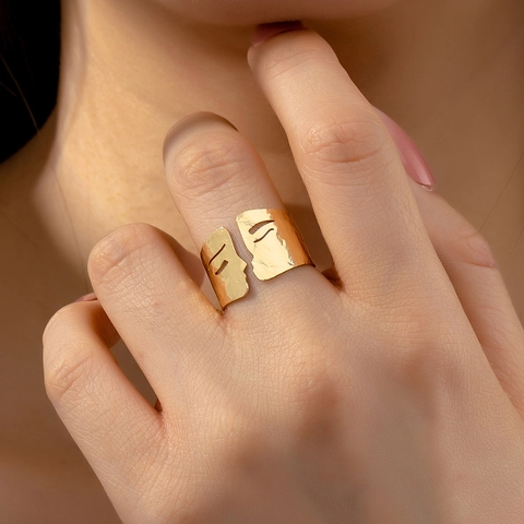 Abstract Human Face Silhouette Open Ring Hammered Texture Hollow Out Alloy Artistic Retro Jewelry For Women