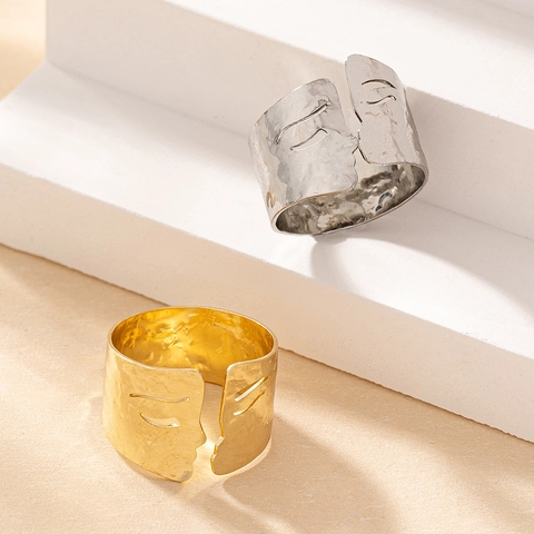 Abstract Human Face Silhouette Open Ring Hammered Texture Hollow Out Alloy Artistic Retro Jewelry For Women