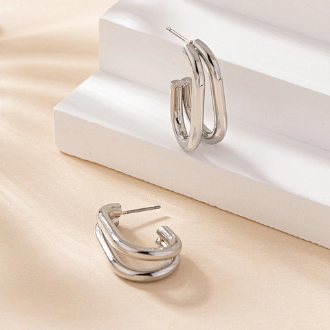Minimalist C-Shaped Hoop Earrings Geometric Double Layer Alloy Silver Polished Trendy Modern Jewelry For Women