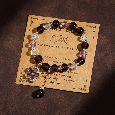 Purple Crystal Beaded Bracelet For Women Elegant Rhinestone Clover Flower Waterdrop Charm Elastic Hand String Jewelry Gift
