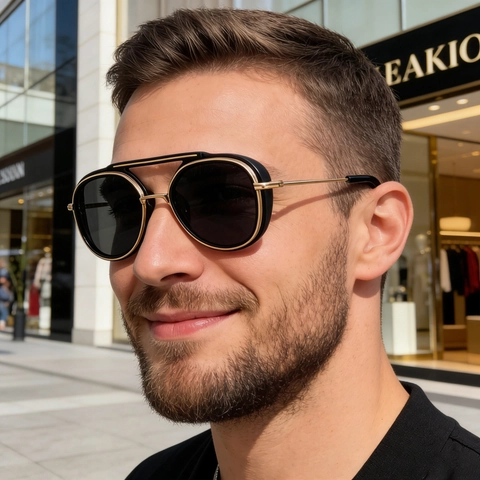 Retro Steampunk Sonnenbrille Herren Metall Doppelsteg Rundes Gestell UV Schutz Farbverlauf Gläser Mode Outdoor Brille