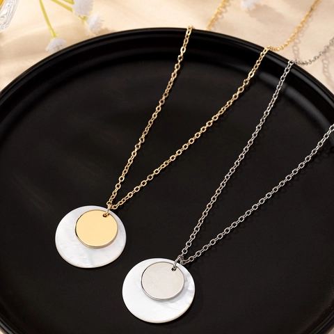 Double Layer Round Shell Pendant Necklace Minimalist Geometric Alloy Metal Disc Elegant Jewelry For Women