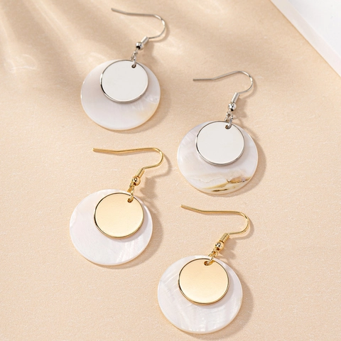Minimalist Double Layer Circle Drop Earrings With Shell Texture And Alloy Metal Disc For Women Fashion Jewelry