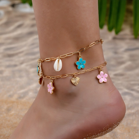 Bohemian Flower Shell Heart Pendant Anklet Alloy Enamel Double Layer Adjustable Summer Beach Jewelry For Women