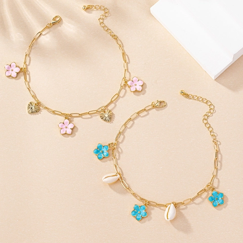 Bohemian Flower Shell Heart Pendant Anklet Alloy Enamel Double Layer Adjustable Summer Beach Jewelry For Women