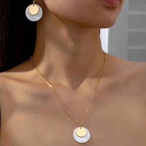 Alloy Shell Necklace And Hook Earrings Double Layer Round Disc Geometric Minimalist Elegant Style For Women