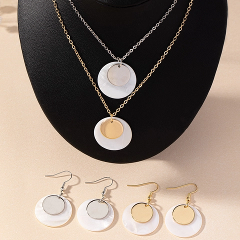 Alloy Shell Necklace And Hook Earrings Double Layer Round Disc Geometric Minimalist Elegant Style For Women
