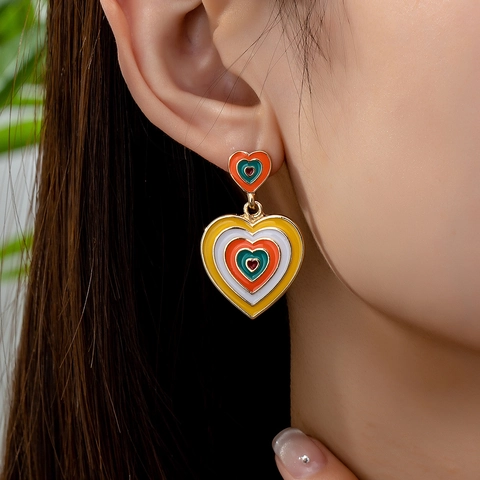 Rainbow Heart Dangle Earrings Alloy Enamel Colorful Layered Heart Drop Earrings Vintage Boho Jewelry For Women