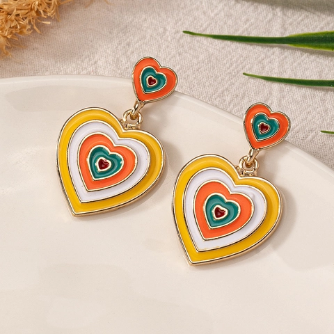 Rainbow Heart Dangle Earrings Alloy Enamel Colorful Layered Heart Drop Earrings Vintage Boho Jewelry For Women