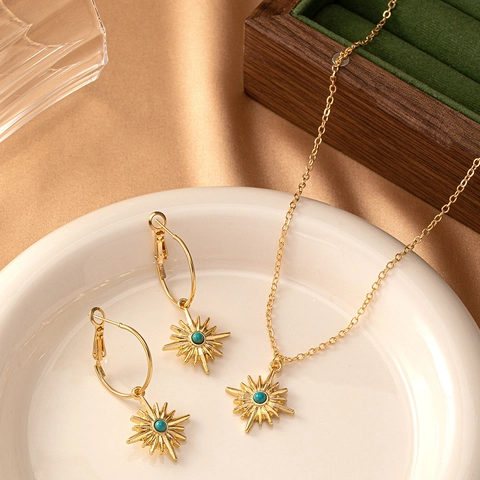 Collar Y Pendientes Joyería Estrella Aleación Y Turquesa Sintética Colgante Rayos De Sol Retro Bohemio Elegante Mujeres