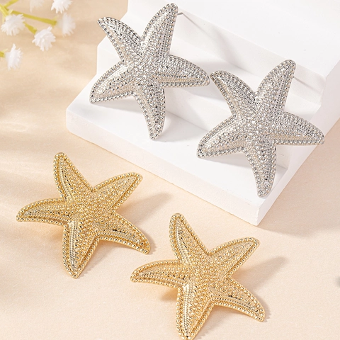 Seestern Stecker Ohrringe Legierung Strukturiert Statement Schmuck Ozean Strand Thema Elegant Mode Übergröße Für Damen
