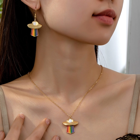 Rainbow UFO Enamel Pendant Necklace Earring Jewelry Set Alloy Creative Fashion Novelty For Women Girls