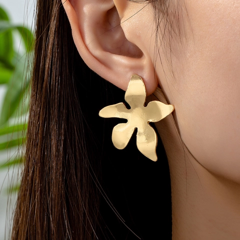 Flower Stud Earrings Gold Plated Alloy Large Five Petal Matte Vintage Elegant Daily Wear Accessories For Women