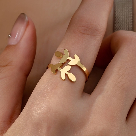 Anello Aperto Regolabile Design Ramo Di Foglia Lega Placcata Oro Stile Natura Minimalista Gioiello Elegante Donna
