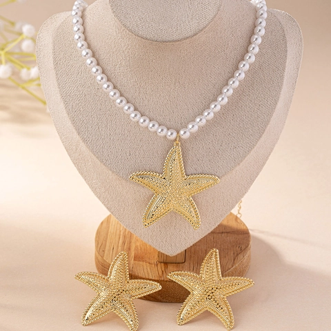 Collana E Orecchini Di Künstliche Perle Stella Marina Gioielli In Lega Testurizzata Oro Tema Oceano Estate Spiaggia Elegante Per Donne