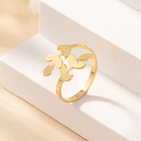 Anello Aperto Regolabile Design Ramo Di Foglia Lega Placcata Oro Stile Natura Minimalista Gioiello Elegante Donna