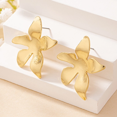 Flower Stud Earrings Gold Plated Alloy Large Five Petal Matte Vintage Elegant Daily Wear Accessories For Women