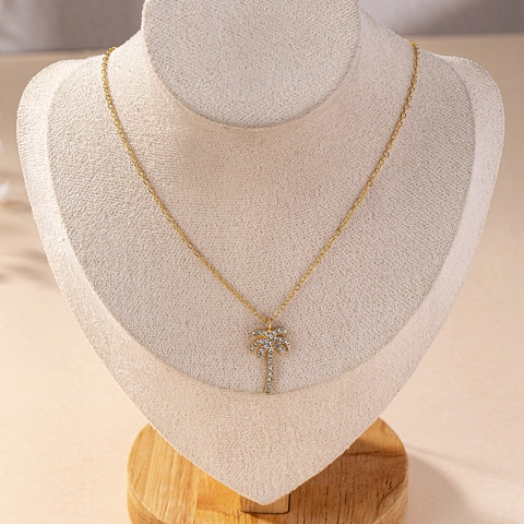 Palm Tree Pendant Necklace Alloy Rhinestone Summer Beach Vacation Style Fashionable Jewelry For Women Gold Tone