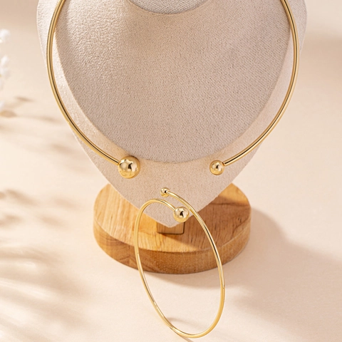 Minimalistisches Vergoldetes Legierung Choker Halskette Und Offener Armreif Mit Glatten Metallkugelenden Geometrischer Schmuck