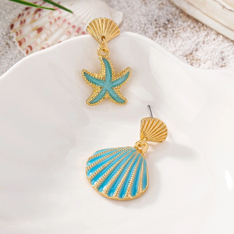 Starfish Seashell Asymmetric Dangle Earrings Alloy Enamel Teal Blue Ocean Summer Beach Vacation Jewelry For Women