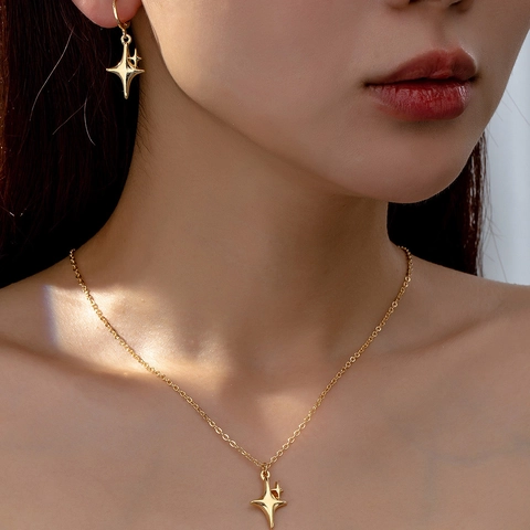 Collar Y Pendientes De Aleación Con Estrella De Cuatro Puntas Elegante Moda Color Oro Plata Para Mujeres