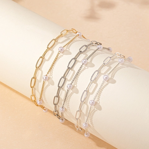 Women's Elegant Double Layer Bracelet Iron Alloy Paperclip Chain With White Imitation Pearls Minimalist Fashion Jewelry Adjustable Gift