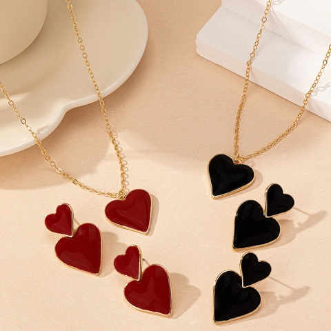 Set Gioielli Cuore Lega Placcato Oro Smalto Collana E Orecchini Per Donna Retrò Elegante