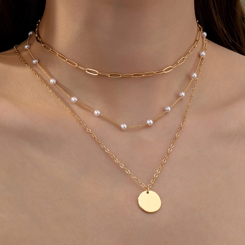 Collana Multistrato In Lega Perla Artificial Sintetica Catena Paperclip Ciondolo A Disco Tondo Gioielli Eleganti Di Tendenza Per Donna