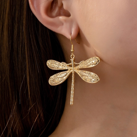 Dragonfly Hook Earrings Alloy Hollow Out Embossed Vintage Gold Color Fashion Elegant Jewelry For Women