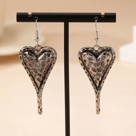 Orecchini Pendenti Cuore Retro Argento Antico Metallo Martellato Gioielli Per Donna Stile Bohémien Accessori Moda