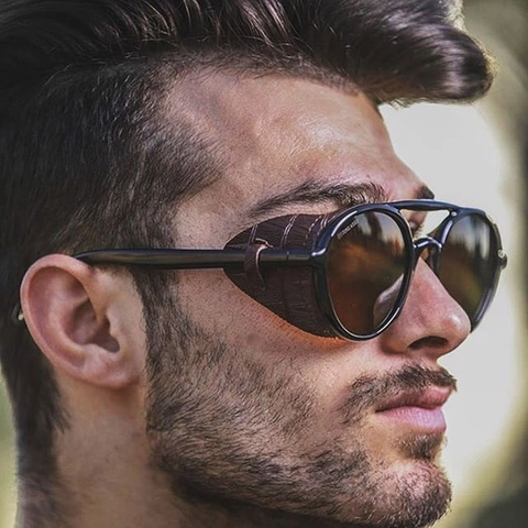 Steampunk Double Bridge Round Sunglasses For Men Women Retro Punk Leather Side Shields UV400 Protection Eyewear Fashion Aviator Goggles