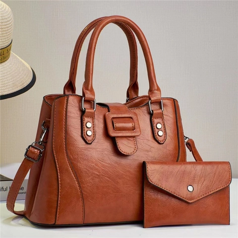 Women Handbag And Wallet PU Leather Large Capacity Shoulder Crossbody Bag Vintage Texture Commute Stylish Purse
