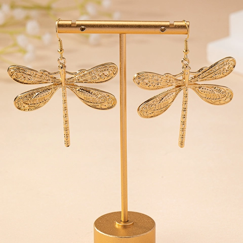 Dragonfly Hook Earrings Alloy Hollow Out Embossed Vintage Gold Color Fashion Elegant Jewelry For Women