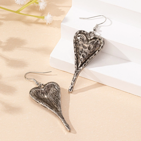 Orecchini Pendenti Cuore Retro Argento Antico Metallo Martellato Gioielli Per Donna Stile Bohémien Accessori Moda
