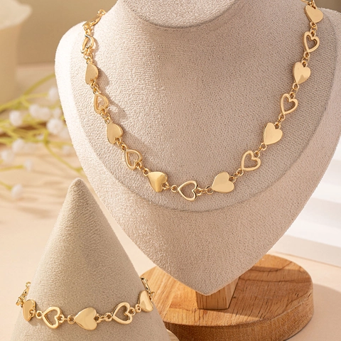 Heart Shaped Alloy Jewelry Gold Color Hollow Heart Necklace And Bracelet For Women Elegant Fashion Accessories