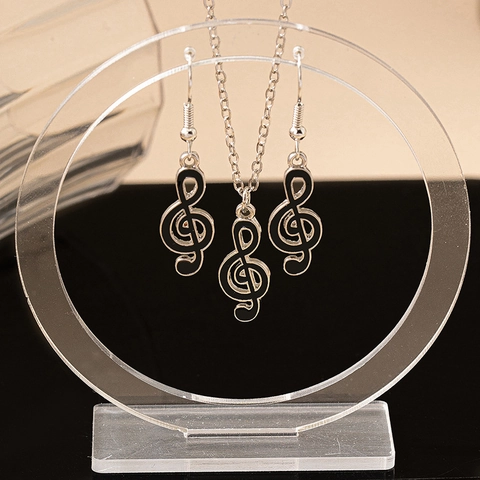 Gioielli Con Collana Pendente Nota Musicale Chiave Di Violino E Orecchini A Gancio Lega Smalto Nero Moda Donna