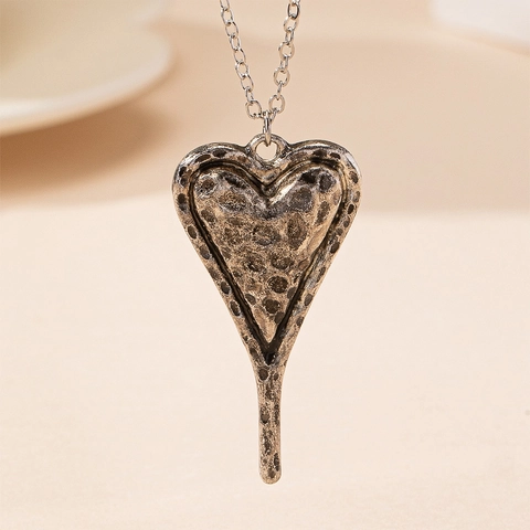 Vintage Legering Hart Hanger Ketting Gehamerde Textuur Antiek Zilveren Retro Industriële Stijl Voor Vrouwen