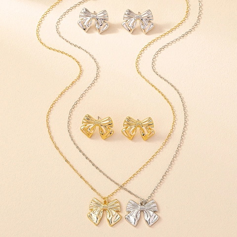 Collana E Orecchini A Fiocco Lega Di Zinco Texture A Righe Stile Minimalista Alla Moda Per Donne